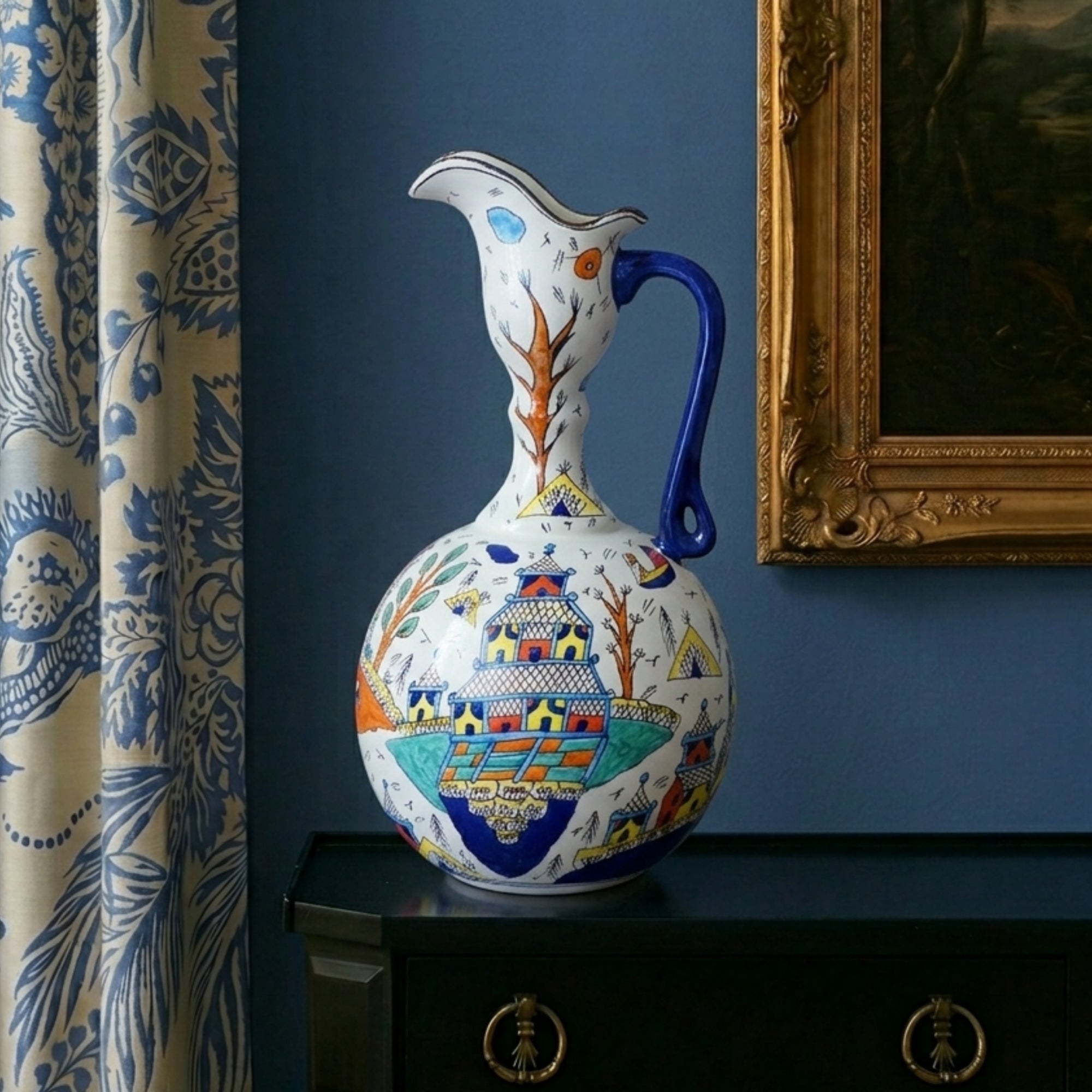 multicolour chinese ceramic round long neck decorative pitcher elegant home decor accent showpiece with traditional artistic design